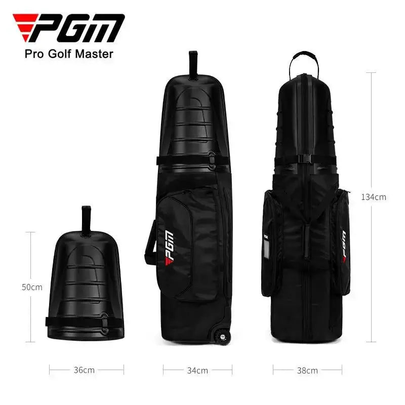 PGM hard shell golf bag with dimensions displayed, featuring a detachable top cover for compact storage and easy travel.