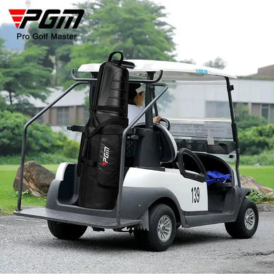 PGM golf aviation bag securely placed on a golf cart, showcasing its portability and travel-friendly design.