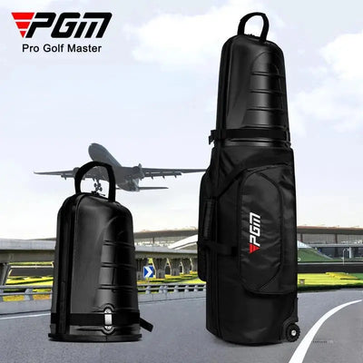 PGM hard shell golf travel bag with wheels, shown with an airplane in the background, ideal for air travel protection.